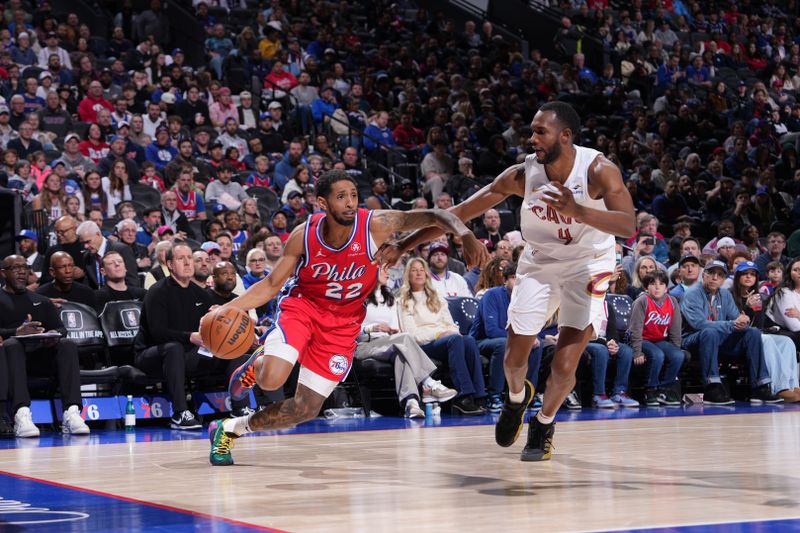 PHILADELPHIA, PA - FEBRUARY 23: Cameron Payne #22 of the Philadelphia 76ers drives to the basket during the game against the Cleveland Cavaliers on February 23, 2024 at the Wells Fargo Center in Philadelphia, Pennsylvania NOTE TO USER: User expressly acknowledges and agrees that, by downloading and/or using this Photograph, user is consenting to the terms and conditions of the Getty Images License Agreement. Mandatory Copyright Notice: Copyright 2024 NBAE (Photo by Jesse D. Garrabrant/NBAE via Getty Images)