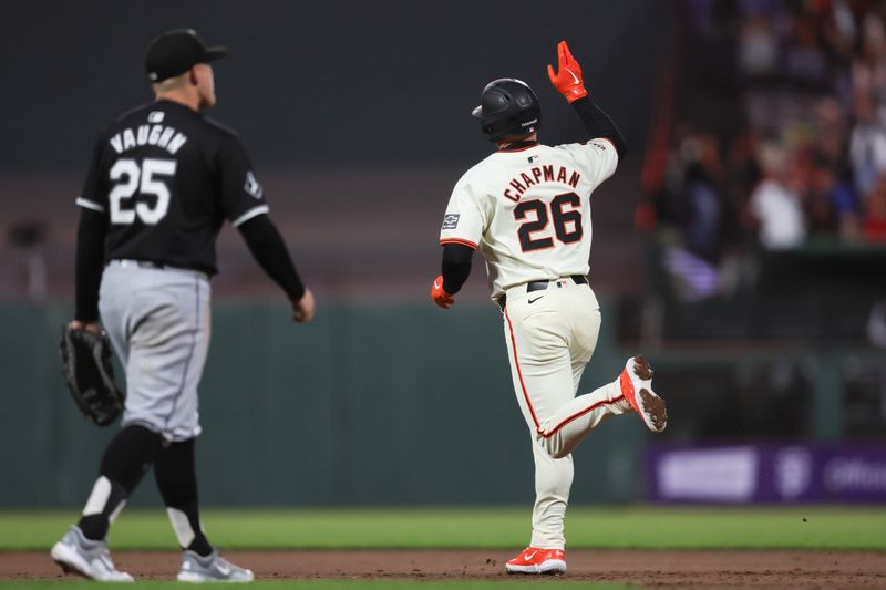 Aug 19, 2024; San Francisco, California, USA; San Francisco Giants third baseman Matt Chapman (26) rounds the bases after hitting a solo home run during the sixth inning against the Chicago White Sox at Oracle Park. Mandatory Credit: Sergio Estrada-USA TODAY Sports