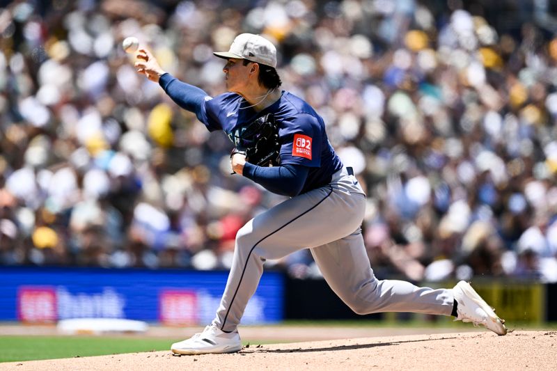 May 18, 2025; San Diego, California, USA; Seattle Mariners starting pitcher Bryan Woo (22) delivers during the first inning against the San Diego Padres at Petco Park. Mandatory Credit: Denis Poroy-Imagn Images