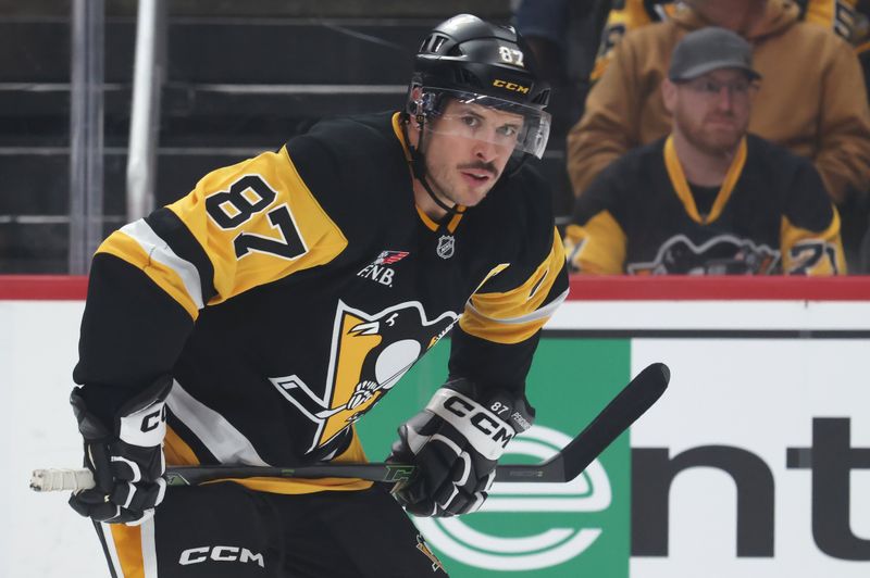 Nov 21, 2025; Pittsburgh, Pennsylvania, USA;  Pittsburgh Penguins center Sidney Crosby (87) prepares for a face-off against the Minnesota Wild during the first period at PPG Paints Arena. Mandatory Credit: Charles LeClaire-Imagn Images