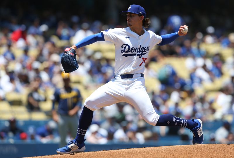 Jul 7, 2024; Los Angeles, California, USA; Los Angeles Dodgers pitcher Justin Wrobleski (70) throws in his major league debut during the first inning against the Milwaukee Brewers at Dodger Stadium. Mandatory Credit: Jason Parkhurst-USA TODAY Sports