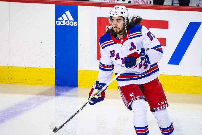 Oct 24, 2023; Calgary, Alberta, CAN; New York Rangers center Mika Zibanejad (93) skates during the warmup period against the Calgary Flames at Scotiabank Saddledome. Mandatory Credit: Sergei Belski-USA TODAY Sports