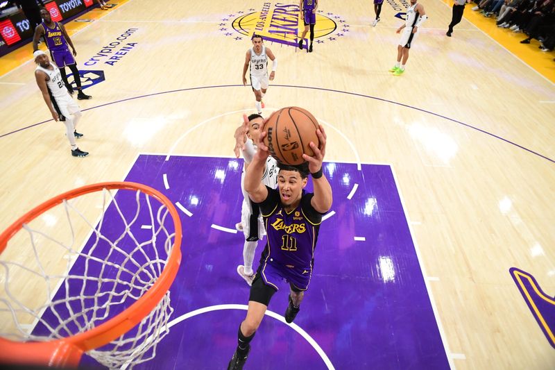 LOS ANGELES, CA - FEBRUARY 23:  Jaxson Hayes #11 Of the Los Angeles Lakers goes to the basket during the game on February 23, 2024 at Crypto.Com Arena in Los Angeles, California. NOTE TO USER: User expressly acknowledges and agrees that, by downloading and/or using this Photograph, user is consenting to the terms and conditions of the Getty Images License Agreement. Mandatory Copyright Notice: Copyright 2024 NBAE (Photo by Adam Pantozzi/NBAE via Getty Images)