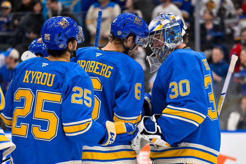 Mar 22, 2025; St. Louis, Missouri, USA;  St. Louis Blues goaltender Joel Hofer (30) and defenseman Philip Broberg (6) celebrate after the Blues defeated the Chicago Blackhawks at Enterprise Center. Mandatory Credit: Jeff Curry-Imagn Images