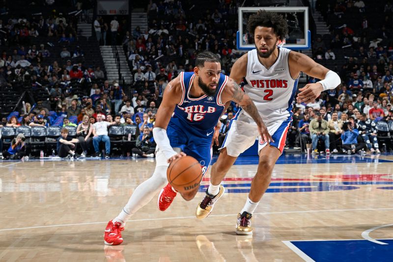 PHILADELPHIA, PA - OCTOBER 30: Caleb Martin #16 of the Philadelphia 76ers dribbles the ball during the game against the Detroit Pistons on October 30, 2024 at the Wells Fargo Center in Philadelphia, Pennsylvania NOTE TO USER: User expressly acknowledges and agrees that, by downloading and/or using this Photograph, user is consenting to the terms and conditions of the Getty Images License Agreement. Mandatory Copyright Notice: Copyright 2024 NBAE (Photo by David Dow/NBAE via Getty Images)