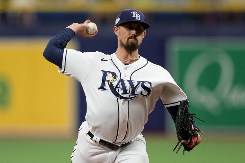 Aug 24, 2023; St. Petersburg, Florida, USA;  Tampa Bay Rays relief pitcher Shawn Armstrong (64) throws a pitch against the Colorado Rockies in the second inning at Tropicana Field. Mandatory Credit: Nathan Ray Seebeck-USA TODAY Sports