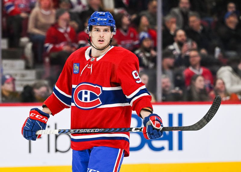 Mar 9, 2023; Montreal, Quebec, CAN; Montreal Canadiens center Anthony Richard (90) waits for the play to resume against the New York Rangers during the first period at Bell Centre. Mandatory Credit: David Kirouac-USA TODAY Sports