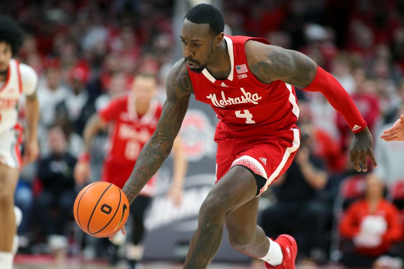 Feb 29, 2024; Columbus, Ohio, USA;  Nebraska Cornhuskers forward Juwan Gary (4) controls the ball during the first half against the Ohio State Buckeyes at Value City Arena. Mandatory Credit: Joseph Maiorana-USA TODAY Sports