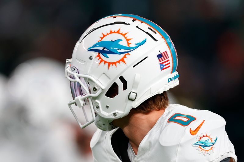 Flag emblem on the helmet of Miami Dolphins wide receiver Braxton Berrios (0) before an NFL football game against the Philadelphia Eagles, Sunday, Oct. 22, 2023, in Philadelphia. The Eagles defeated the Dolphins 31-17. (AP Photo/Rich Schultz)