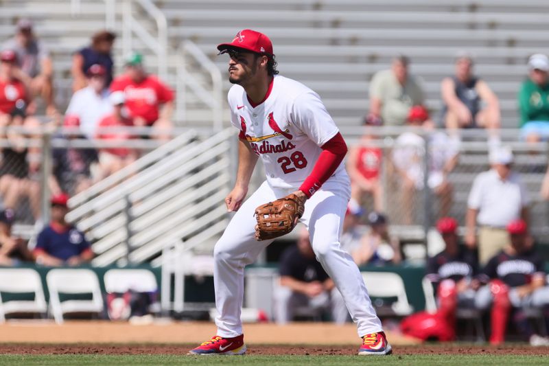 Mar 5, 2024; Jupiter, Florida, USA; St. Louis Cardinals third baseman Nolan Arenado (28) looks on against the Minnesota Twins during the second inning at Roger Dean Chevrolet Stadium. Mandatory Credit: Sam Navarro-USA TODAY Sports