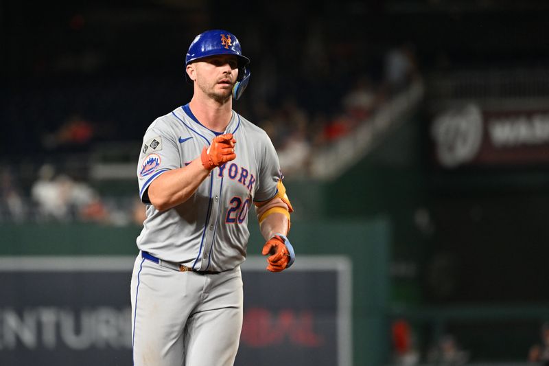 Jul 2, 2024; Washington, District of Columbia, USA; New York Mets first baseman Pete Alonso (20) reacts after hitting a home run against the Washington Nationals during the tenth inning at Nationals Park. Mandatory Credit: Rafael Suanes-USA TODAY Sports