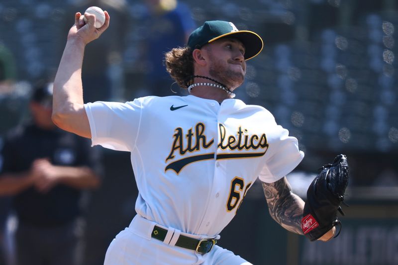 Sep 20, 2023; Oakland, California, USA; Oakland Athletics starting pitcher Joey Estes (68) pitches against the Seattle Mariners during the first inning at Oakland-Alameda County Coliseum. Mandatory Credit: Kelley L Cox-USA TODAY Sports