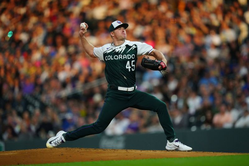 May 27, 2023; Denver, Colorado, USA; Colorado Rockies starting pitcher Chase Anderson (45) delivers against the New York Mets in the fifth inning at Coors Field. Mandatory Credit: Ron Chenoy-USA TODAY Sports