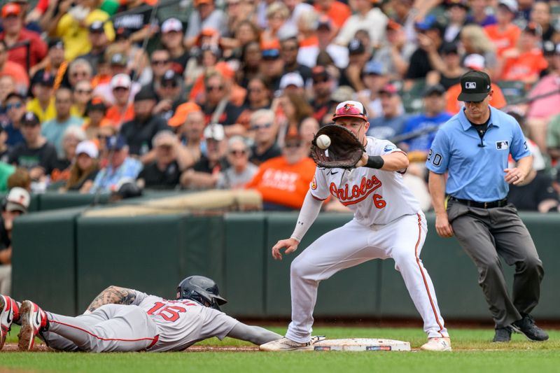 Aug 18, 2024; Baltimore, Maryland, USA; Baltimore Orioles first base Ryan Mountcastle (6) catches the ball as Boston Red Sox outfielder Jarren Duran (16) slides into first base during the first inning at Oriole Park at Camden Yards. Mandatory Credit: Reggie Hildred-USA TODAY Sports