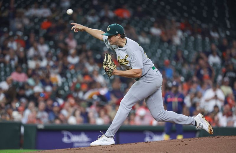 Sep 11, 2023; Houston, Texas, USA; Oakland Athletics starting pitcher Mason Miller (57) delivers a pitch during the first inning against the Houston Astros at Minute Maid Park. Mandatory Credit: Troy Taormina-USA TODAY Sports