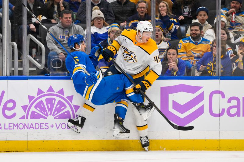 Dec 15, 2025; St. Louis, Missouri, USA; Nashville Predators left wing Reid Schaefer (49) checks St. Louis Blues defenseman Philip Broberg (6) during the first period at Enterprise Center. Mandatory Credit: Jeff Curry-Imagn Images