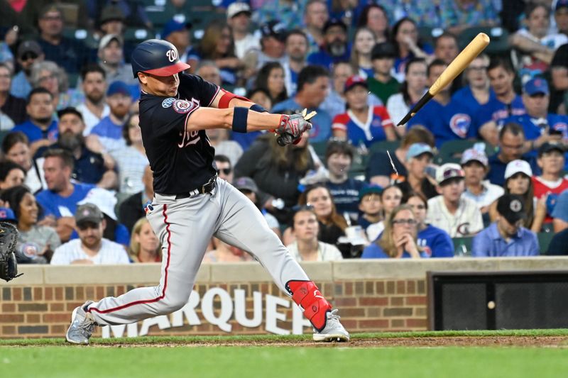 Jul 17, 2023; Chicago, Illinois, USA;  Washington Nationals center fielder Alex Call (17) breaks his bat during the fourth inning against the Chicago Cubs at Wrigley Field. Mandatory Credit: Matt Marton-USA TODAY Sports