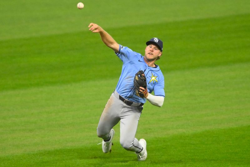 Sep 13, 2024; Cleveland, Ohio, USA; Tampa Bay Rays shortstop Taylor Walls (6) throws to third base in the third inning against the Cleveland Guardians at Progressive Field. Mandatory Credit: David Richard-Imagn Images