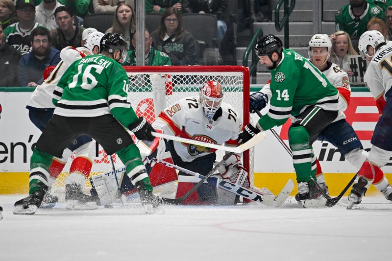 Mar 12, 2024; Dallas, Texas, USA; Dallas Stars center Joe Pavelski (16) and left wing Jamie Benn (14) look for the puck in front Florida Panthers goaltender Sergei Bobrovsky (72) during the third period at the American Airlines Center. Mandatory Credit: Jerome Miron-USA TODAY Sports