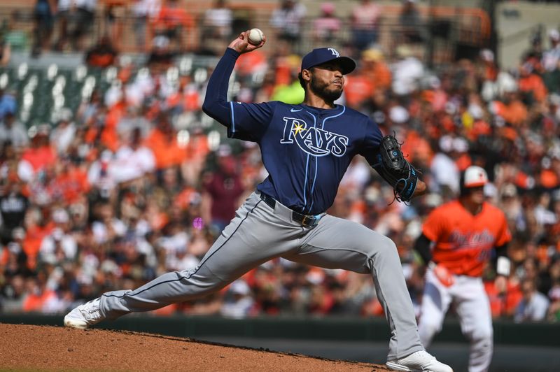 Jun 1, 2024; Baltimore, Maryland, USA;  Tampa Bay Rays pitcher Taj Bradley (45) throws a first inning pitch against the Tampa Bay Rays at Oriole Park at Camden Yards. Mandatory Credit: Tommy Gilligan-USA TODAY Sports