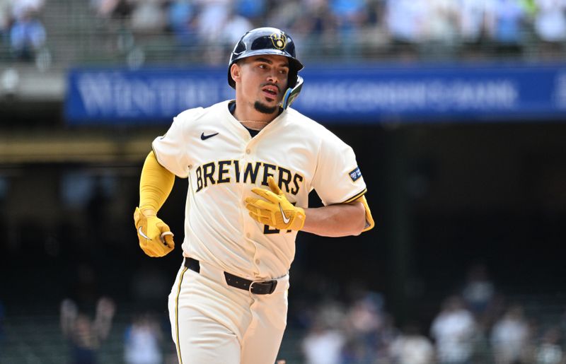 May 1, 2024; Milwaukee, Wisconsin, USA; Milwaukee Brewers shortstop Willy Adames (27) rounds the bases after hitting a home run against the Tampa Bay Rays in the seventh inning at American Family Field. Mandatory Credit: Michael McLoone-USA TODAY Sports