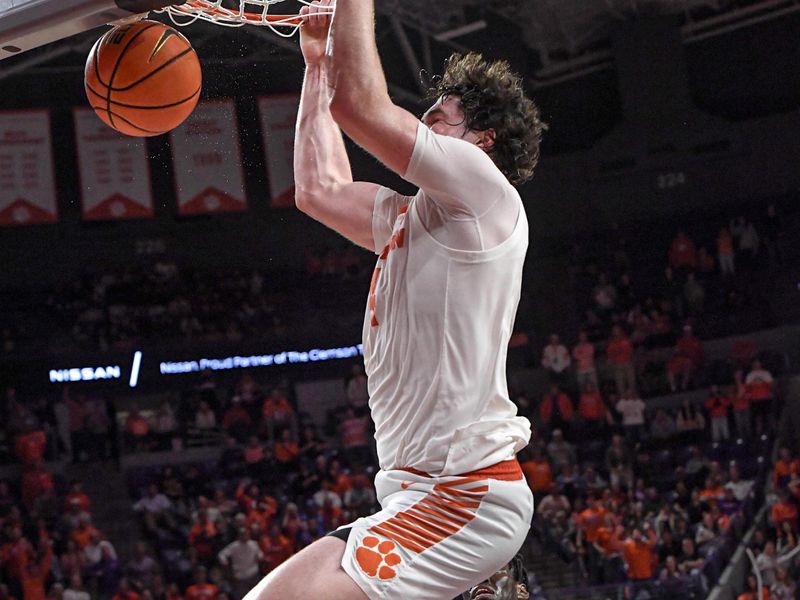 Feb 27, 2024; Clemson, South Carolina, USA; Clemson junior forward Ian Schieffelin (4) dunks near Pitt center Federiko Federiko (33) during the second half at Littlejohn Coliseum. Mandatory Credit: Ken Ruinard-USA TODAY Sports