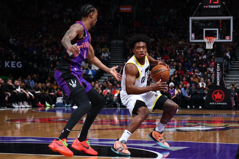 TORONTO, CANADA - MARCH 7:  Collin Sexton #2 of the Utah Jazz handles the ball during the game against the Toronto Raptors on March 7, 2025 at the Scotiabank Arena in Toronto, Ontario, Canada.  NOTE TO USER: User expressly acknowledges and agrees that, by downloading and or using this Photograph, user is consenting to the terms and conditions of the Getty Images License Agreement.  Mandatory Copyright Notice: Copyright 2025 NBAE (Photo by Vaughn Ridley/NBAE via Getty Images)