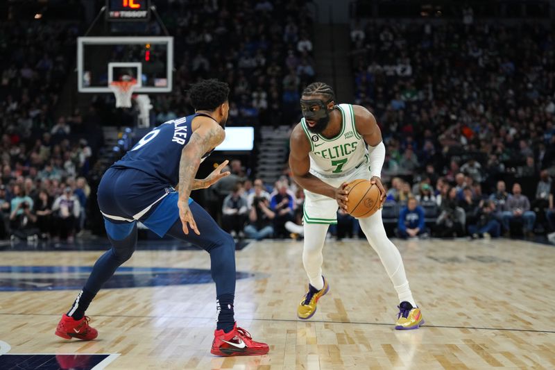 MINNEAPOLIS, MN -  MARCH 15: Jaylen Brown #7 of the Boston Celtics looks to pass the ball during the game against the Minnesota Timberwolves on March 15, 2023 at Target Center in Minneapolis, Minnesota. NOTE TO USER: User expressly acknowledges and agrees that, by downloading and or using this Photograph, user is consenting to the terms and conditions of the Getty Images License Agreement. Mandatory Copyright Notice: Copyright 2023 NBAE (Photo by Jordan Johnson/NBAE via Getty Images)