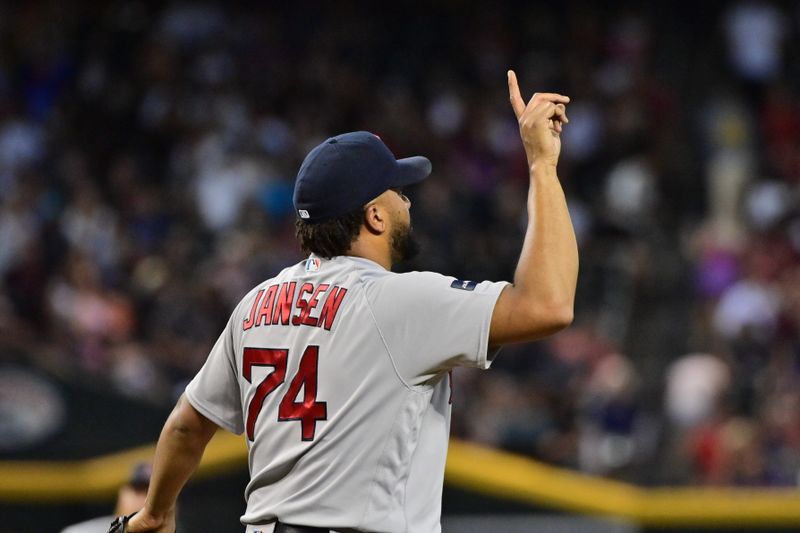 May 27, 2023; Phoenix, Arizona, USA;  Boston Red Sox relief pitcher Kenley Jansen (74) celebrates after beating the Arizona Diamondbacks at Chase Field. Mandatory Credit: Matt Kartozian-USA TODAY Sports