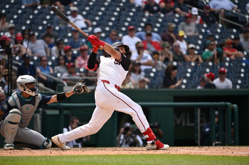 May 26, 2024; Washington, District of Columbia, USA; Washington Nationals first baseman Joey Gallo (24) watches the ball after hitting a home run against the Seattle Mariners during the fifth inning at Nationals Park. Mandatory Credit: Rafael Suanes-USA TODAY Sports