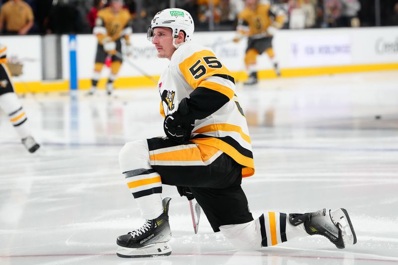 Jan 20, 2024; Las Vegas, Nevada, USA; Pittsburgh Penguins center Noel Acciari (55) warms up before a game against the Vegas Golden Knights at T-Mobile Arena. Mandatory Credit: Stephen R. Sylvanie-USA TODAY Sports