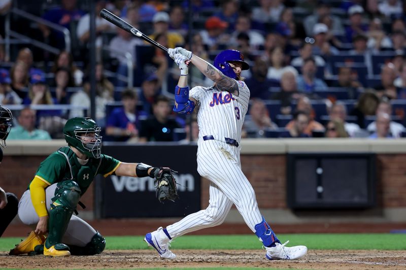 Aug 13, 2024; New York City, New York, USA; New York Mets right fielder Jesse Winker (3) follows through on an RBI double against the Oakland Athletics during the fifth inning at Citi Field. Mandatory Credit: Brad Penner-USA TODAY Sports