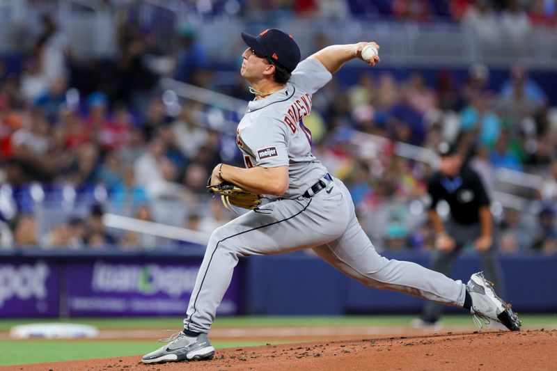 Jul 29, 2023; Miami, Florida, USA; Detroit Tigers starting pitcher Beau Brieske (4) delivers a pitch against the Miami Marlins during the first inning at loanDepot Park. Mandatory Credit: Sam Navarro-USA TODAY Sports