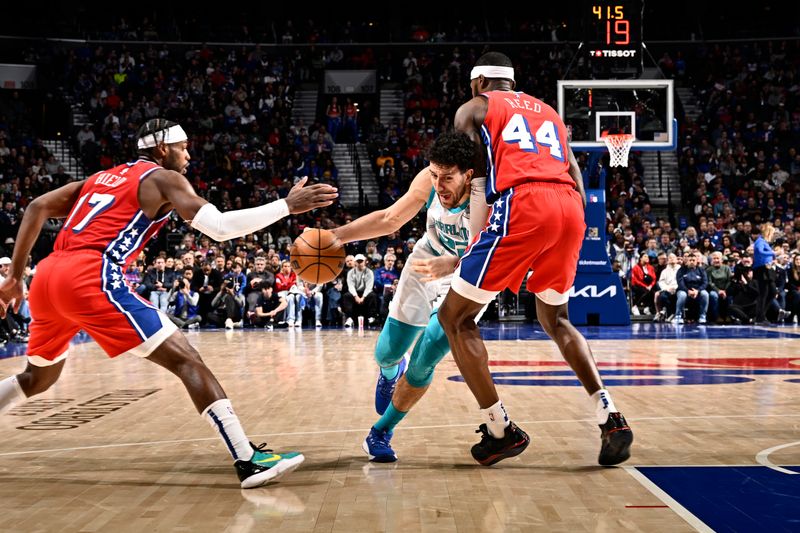 PHILADELPHIA, PA - MARCH 1: Vasilije Micic #22 of the Charlotte Hornets  drives to the basket during the game against the Philadelphia 76ers on March 1, 2024 at the Wells Fargo Center in Philadelphia, Pennsylvania NOTE TO USER: User expressly acknowledges and agrees that, by downloading and/or using this Photograph, user is consenting to the terms and conditions of the Getty Images License Agreement. Mandatory Copyright Notice: Copyright 2024 NBAE (Photo by David Dow/NBAE via Getty Images)