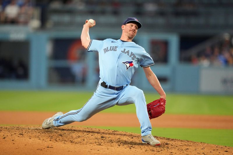 Jul 25, 2023; Los Angeles, California, USA; Toronto Blue Jays starting pitcher Chris Bassitt (40) throws in the third inning against the Los Angeles Dodgers at Dodger Stadium. Mandatory Credit: Kirby Lee-USA TODAY Sports