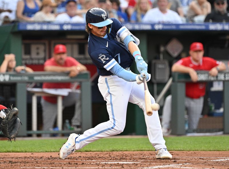 Jun 16, 2023; Kansas City, Missouri, USA; Kansas City Royals shortstop Bobby Witt Jr. (7) singles in the first inning against the Los Angeles Angels at Kauffman Stadium. Mandatory Credit: Peter Aiken-USA TODAY Sports