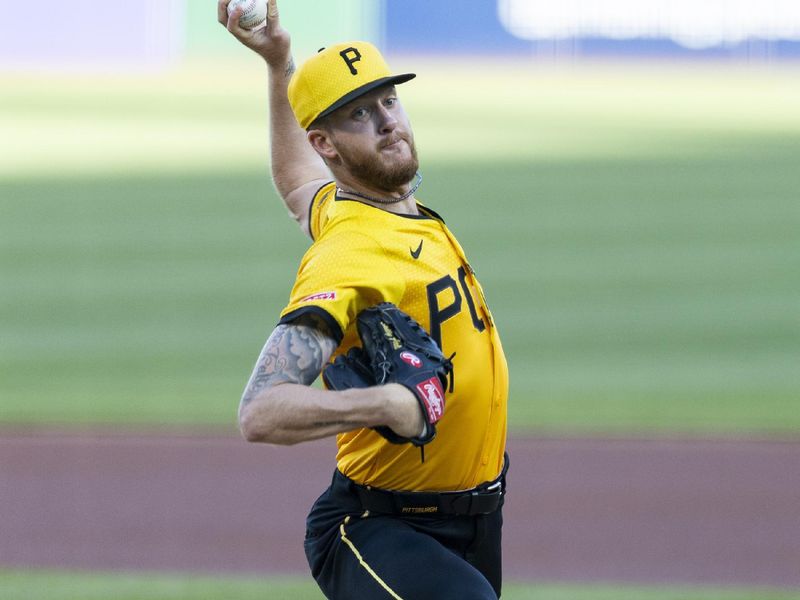 May 9, 2025; Pittsburgh, Pennsylvania, USA; Pittsburgh Pirates starting pitcher Bailey Falter (6) starts the game with the first pitch against the Atlanta Braves at PNC Park. Mandatory Credit: Scott Galvin-Imagn Images