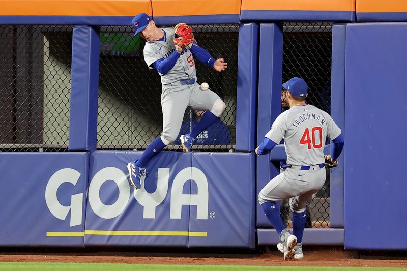 May 1, 2024; New York City, New York, USA; Chicago Cubs center fielder Pete Crow-Armstrong (52) cannot catch a double by New York Mets designated hitter J.D. Martinez (not pictured) during the ninth inning at Citi Field. Mandatory Credit: Brad Penner-USA TODAY Sports