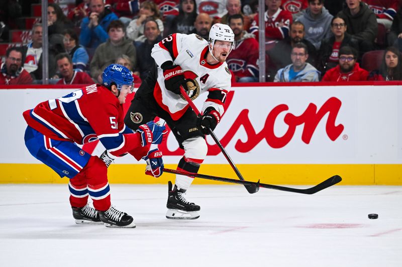 Oct 12, 2024; Montreal, Quebec, CAN; Ottawa Senators defenseman Thomas Chabot (72) shoots the puck against Montreal Canadiens defenseman Justin Barron (52) during the second period at Bell Centre. Mandatory Credit: David Kirouac-Imagn Images