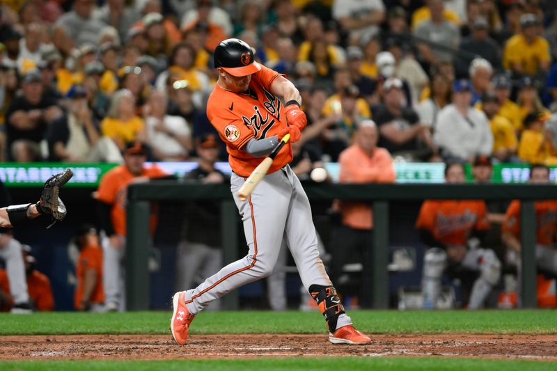 Aug 12, 2023; Seattle, Washington, USA; Baltimore Orioles designated hitter Ryan Mountcastle (6) hits an RBI single against the Seattle Mariners during the tenth inning at T-Mobile Park. Mandatory Credit: Steven Bisig-USA TODAY Sports