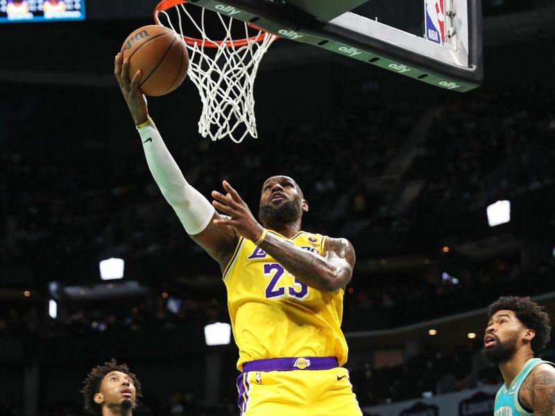 CHARLOTTE, NC - FEBRUARY 5: LeBron James #23 of the Los Angeles Lakers drives to the basket during the game against the Charlotte Hornets on February 5, 2024 at Spectrum Center in Charlotte, North Carolina. NOTE TO USER: User expressly acknowledges and agrees that, by downloading and or using this photograph, User is consenting to the terms and conditions of the Getty Images License Agreement.  Mandatory Copyright Notice:  Copyright 2024 NBAE (Photo by Brock Williams-Smith/NBAE via Getty Images)