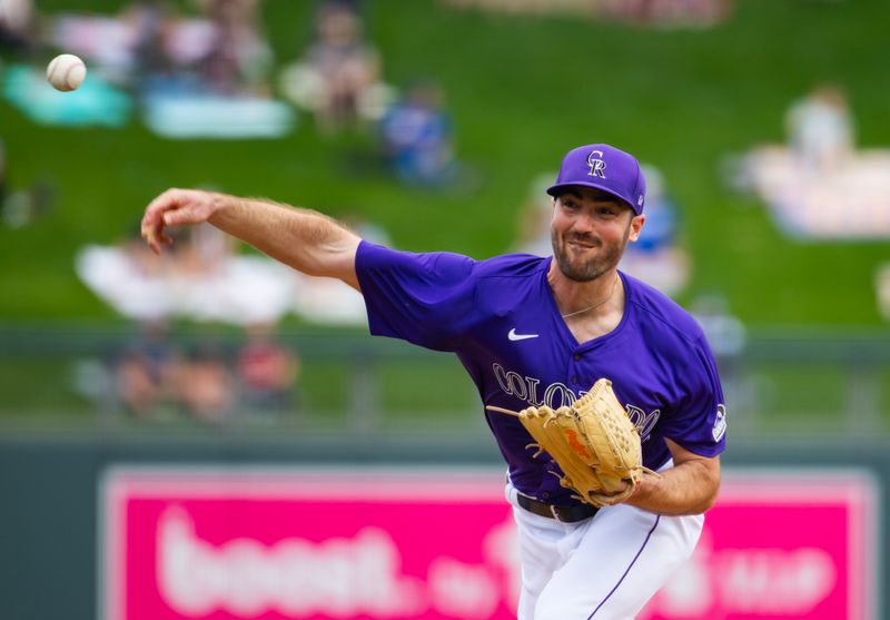 Feb 26, 2024; Salt River Pima-Maricopa, Arizona, USA; Colorado Rockies pitcher John Curtiss against the Los Angeles Dodgers during a spring training game at Salt River Fields at Talking Stick. Mandatory Credit: Mark J. Rebilas-USA TODAY Sports