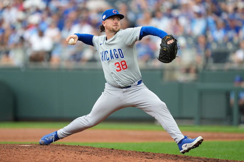 Jul 28, 2024; Kansas City, Missouri, USA; Chicago Cubs relief pitcher Mark Leiter Jr. (38) pitches during the seventh inning against the Kansas City Royals at Kauffman Stadium. Mandatory Credit: Jay Biggerstaff-USA TODAY Sports