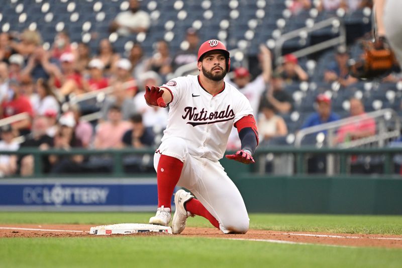 Aug 6, 2024; Washington, District of Columbia, USA; Washington Nationals first baseman Juan Yepez (18) rests after a play at first base against the San Francisco Giants during the first inning at Nationals Park. Mandatory Credit: Rafael Suanes-USA TODAY Sports