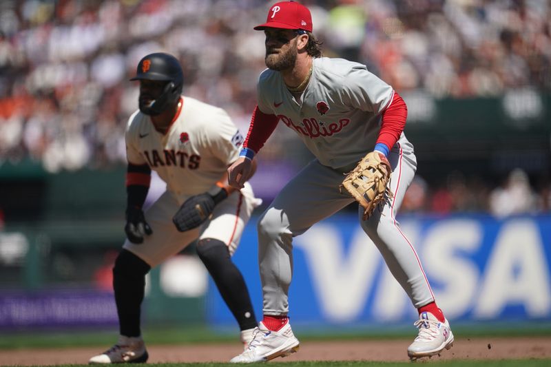 May 27, 2024; San Francisco, California, USA; Philadelphia Phillies first baseman Bryce Harper (3) stands in front of first base against the San Francisco Giants in the fourth inning at Oracle Park. Mandatory Credit: Cary Edmondson-USA TODAY Sports