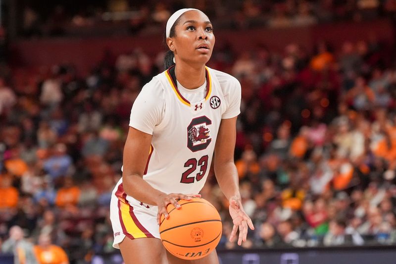 Mar 9, 2024; Greensville, SC, USA; South Carolina Gamecocks guard Bree Hall (23) at the foul line against the Tennessee Lady Vols during the second half at Bon Secours Wellness Arena. Mandatory Credit: Jim Dedmon-USA TODAY Sports