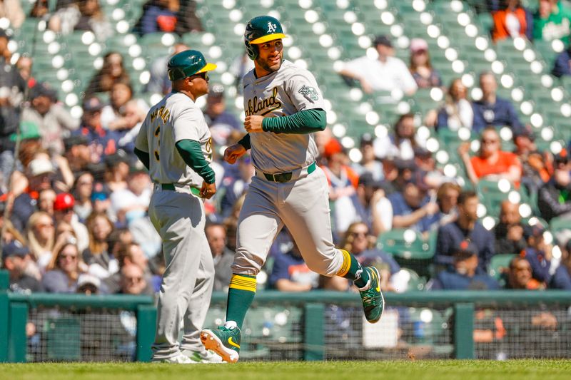 Apr 7, 2024; Detroit, Michigan, USA; Oakland Athletics third baseman Abraham Toro (31) looks as he runs home during the second inning of the game against the Detroit Tigers at Comerica Park. Mandatory Credit: Brian Bradshaw Sevald-USA TODAY Sports