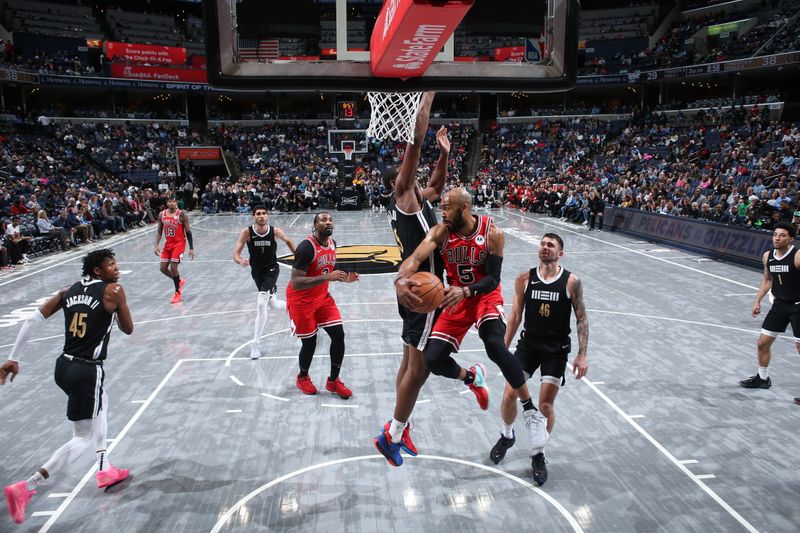 MEMPHIS, TN - FEBRUARY 8: Jevon Carter #5 of the Chicago Bulls looks to pass the ball during the game against the Memphis Grizzlies on February 8, 2024 at FedExForum in Memphis, Tennessee. NOTE TO USER: User expressly acknowledges and agrees that, by downloading and or using this photograph, User is consenting to the terms and conditions of the Getty Images License Agreement. Mandatory Copyright Notice: Copyright 2024 NBAE (Photo by Joe Murphy/NBAE via Getty Images)