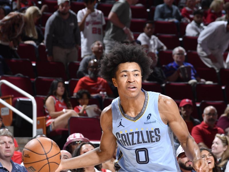 HOUSTON, TX - OCTOBER 25: Jaylen Wells #0 of the Memphis Grizzlies dribbles the ball during the game against the Houston Rockets on October 25, 2024 at the Toyota Center in Houston, Texas. NOTE TO USER: User expressly acknowledges and agrees that, by downloading and or using this photograph, User is consenting to the terms and conditions of the Getty Images License Agreement. Mandatory Copyright Notice: Copyright 2024 NBAE (Photo by Logan Riely/NBAE via Getty Images)