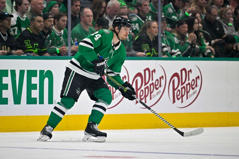 May 15, 2023; Dallas, Texas, USA; Dallas Stars center Roope Hintz (24) skates against the Seattle Kraken in the Seattle zone during the first period in game seven of the second round of the 2023 Stanley Cup Playoffs at the American Airlines Center. Mandatory Credit: Jerome Miron-USA TODAY Sports